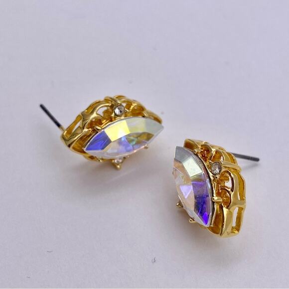 LIND 14K HGE Aurora Borealis Rhinestone Navette Post Earrings - Picture 1 of 13
